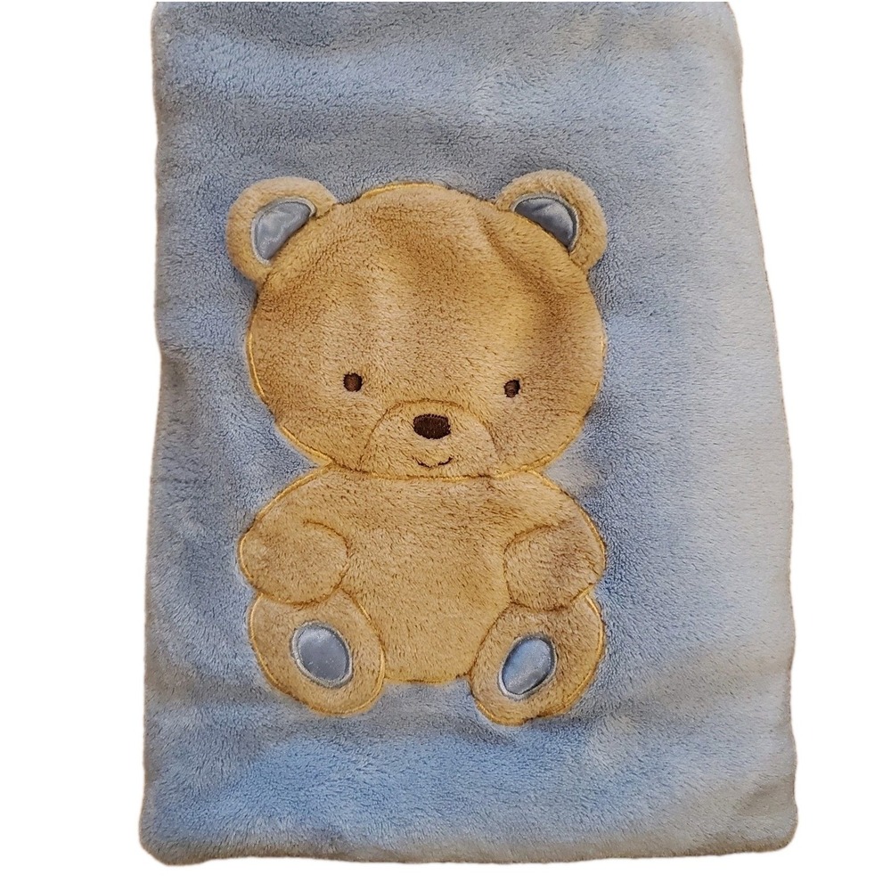Okie Dokie Teddy Bear Baby Blanket Blue Tan Soft Plush Fleece Security‎ Lovey